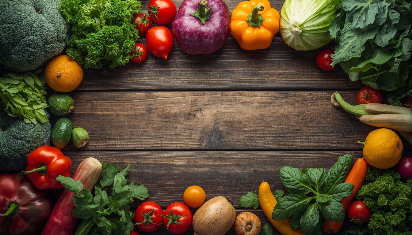 Fresh vegetables and fruits arranged on wooden table showcasing healthy eating